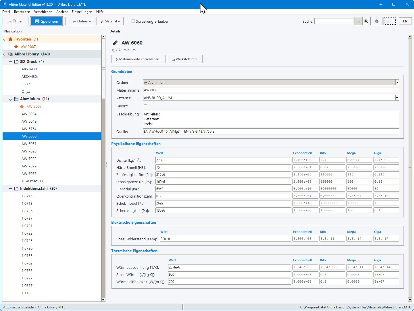 Alibre Material Editor v1.9.20 — Hauptfenster mit Navigationsbaum, Detailpanel und Mehr-Skalen-Anzeige der physikalischen Eigenschaften
