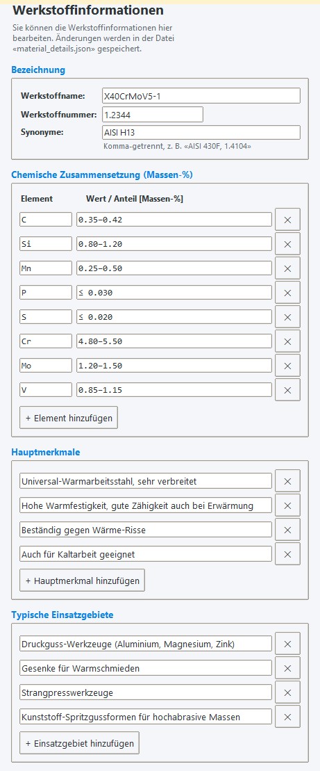 Werkstoffinfo-Detail: X40CrMoV5-1 (1.2344, AISI H13) mit Bezeichnung, chemischer Zusammensetzung, Hauptmerkmalen und Einsatzgebieten